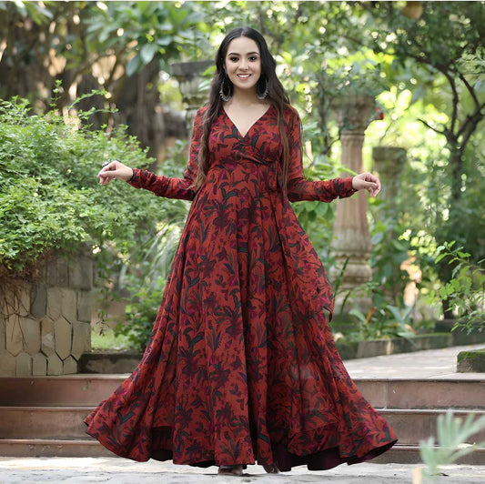 Women's Georgette Floral Print Flared Gown